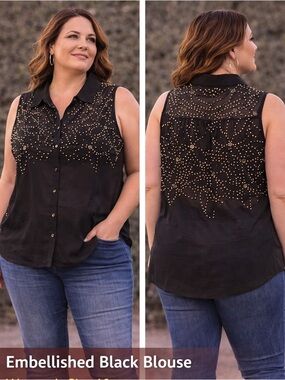FYLO Black Sleeveless Button-Front Top with Gold Bead Embellishments LARGE